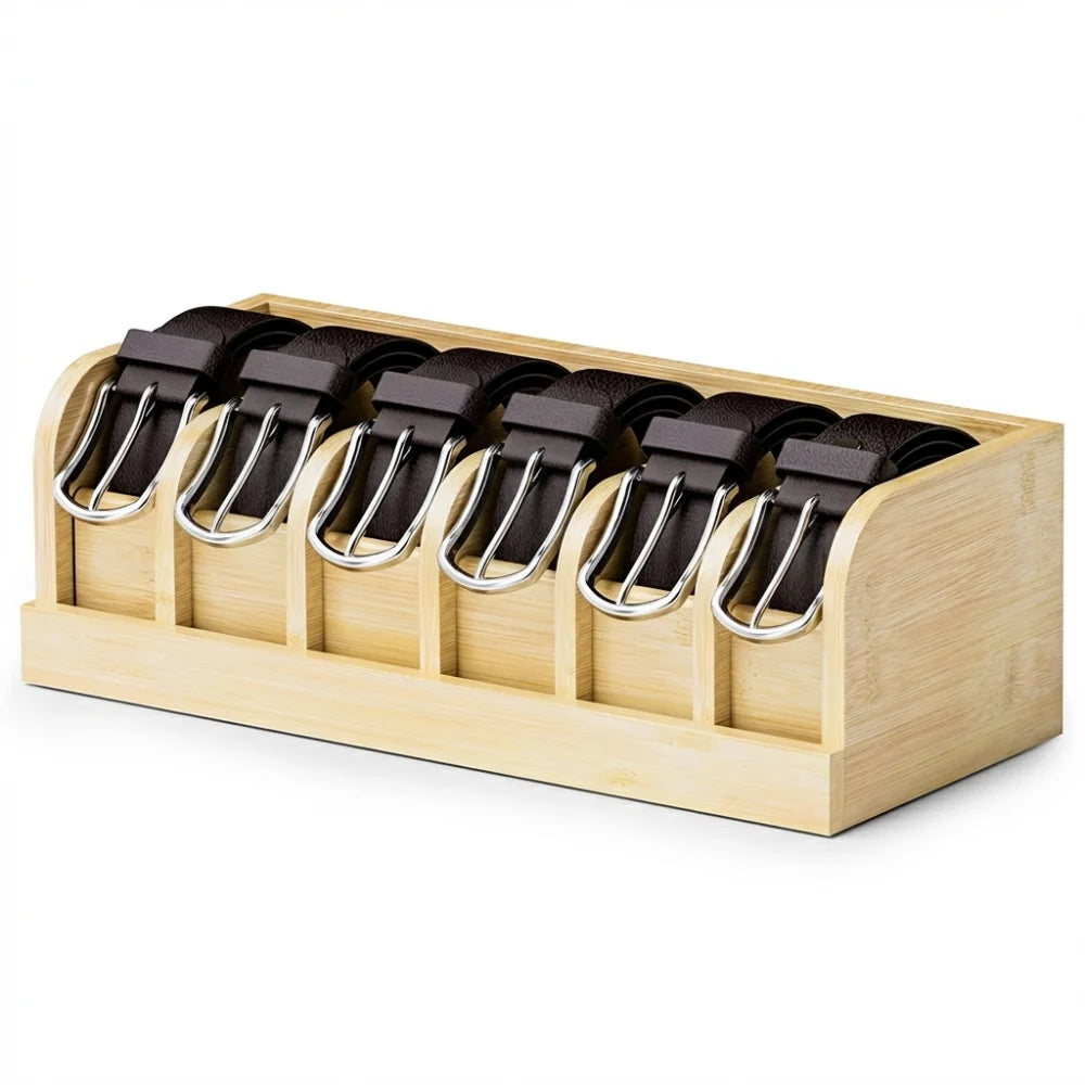 Bamboo Belt Organizer – 6-Compartment Eco-Friendly Storage Box