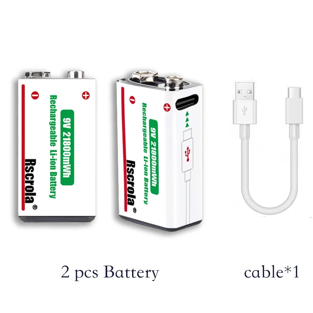 Long-Lasting 9V Lithium ion Rechargeable Battery 21800mWh High Capacity for Guitar Microphone Smoke Detector Pedal with Cable Oasis Select 2 pcs 9v Batteries 9v