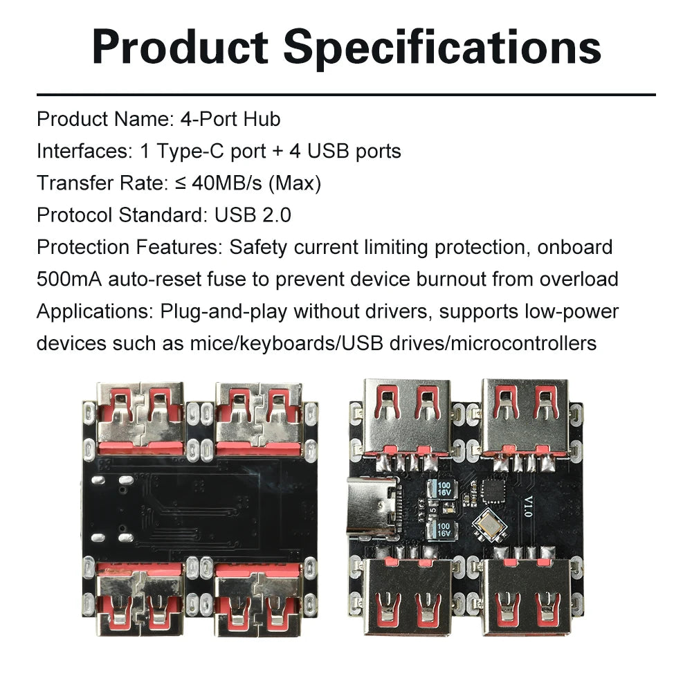 XL334P4 USB2.0 4-port Controller Expansion Module USB 2.0 to 4 Channel Way Splitter USB-HUB Type-C Extender Board 40MB/S Oasis Select Default Title