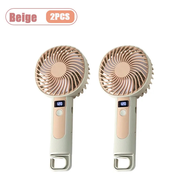 Digital Display Handheld Fan Mini Portable USB Rechargeable 2 in 1 Desktop Standing Cooling Fan for Office Travel Outdoor Oasis Select Beige-2PCS