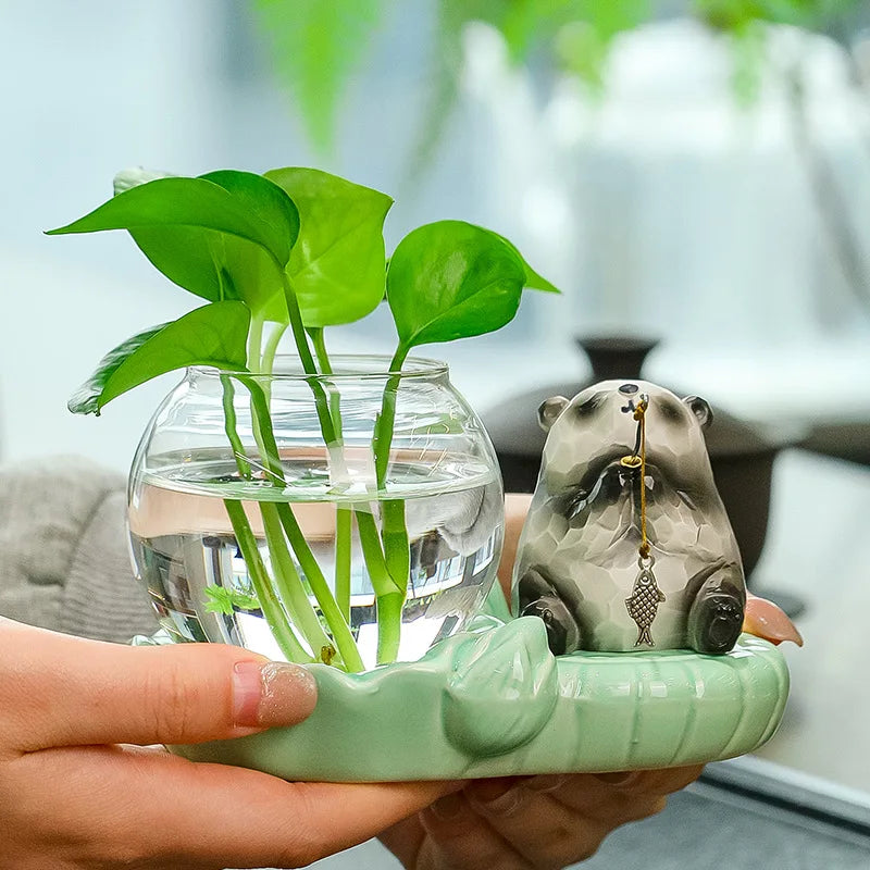 Lovely Animal Shaped Hydroponic Vase Panda & Fortune Frog Ornament Creative Desktop Decor for Home & Festival Gift Oasis Select
