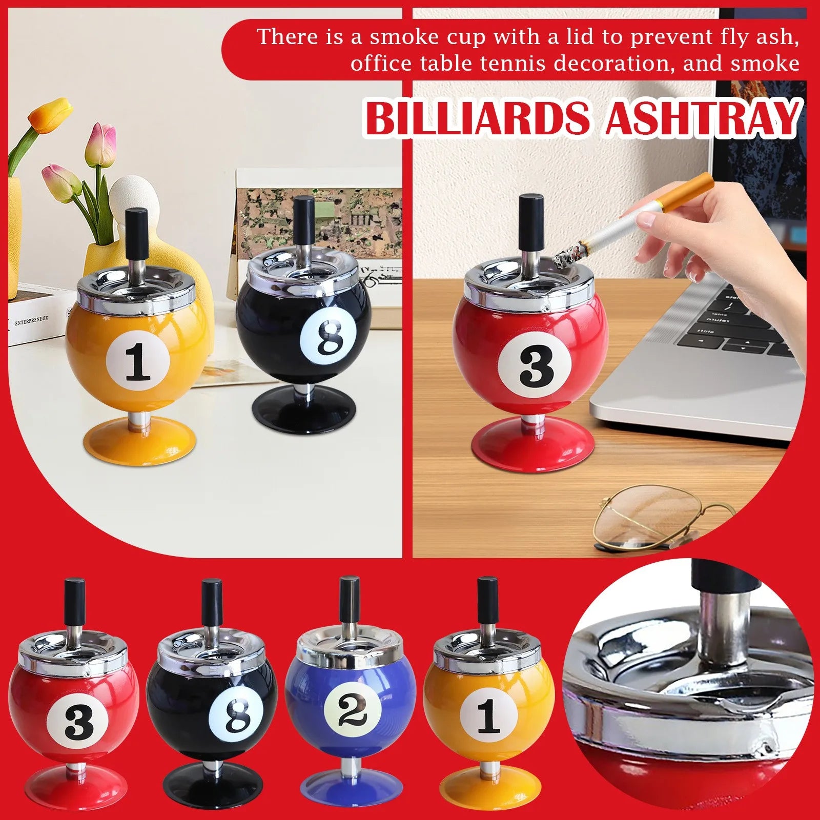 Ashtray Billiard Ashtray with Lid Windproof Automatic Extinguishing Decorative Ashtray for Home Restaurant KTV Bar Cigar Ashtray Oasis Select