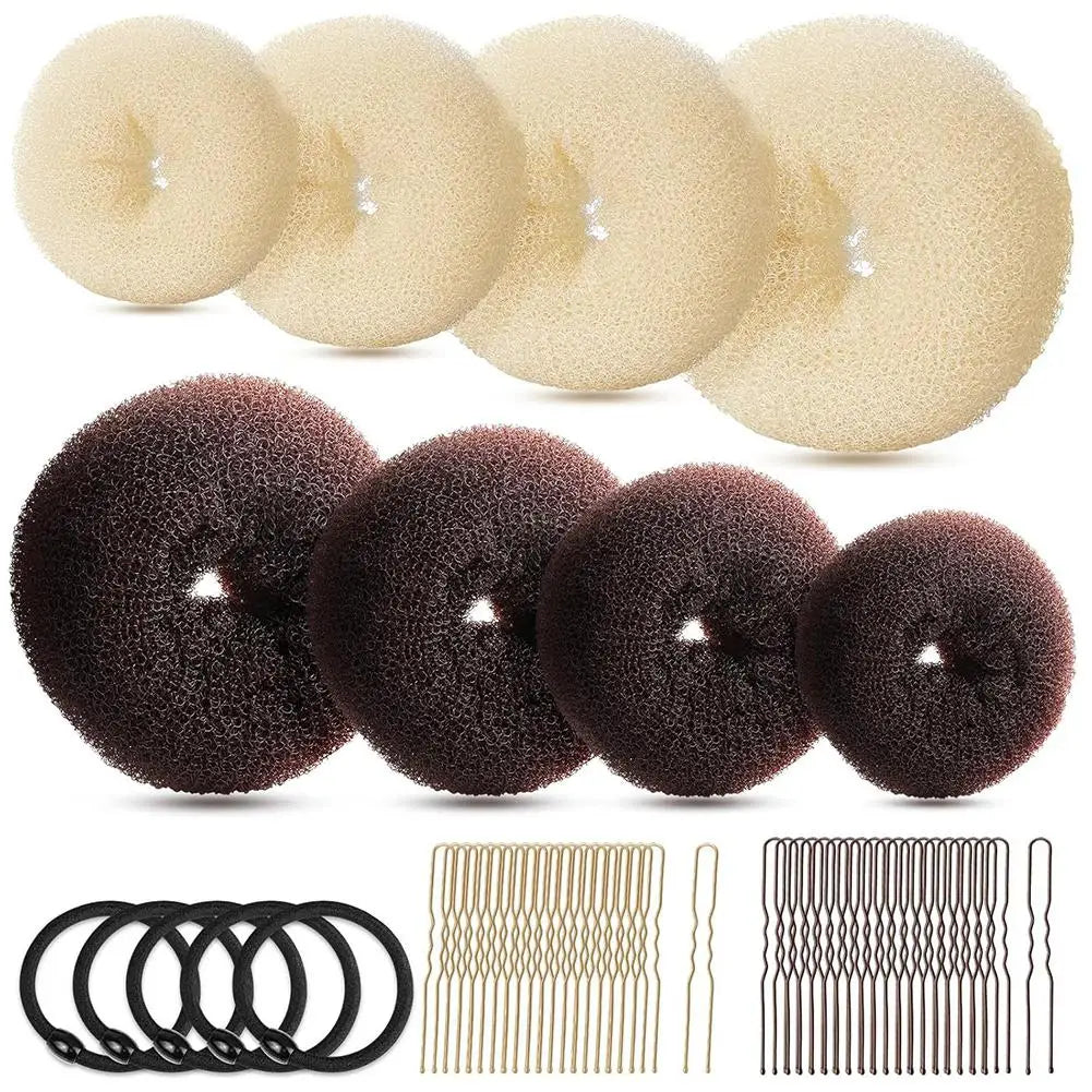 Donut Hair Bun Maker Set for Women Girls- 2 Colors Small Size Hair Bun Maker, Hair Donuts for Buns, Elastic Bands, Hair Pins Oasis Select 53pcs
