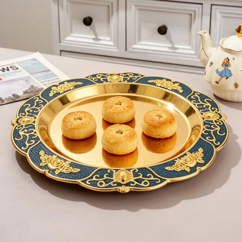 European Relief Ornate Decorative Serving Tray Floral Patterned Round Platter for Snacks and Table Display Oasis Select