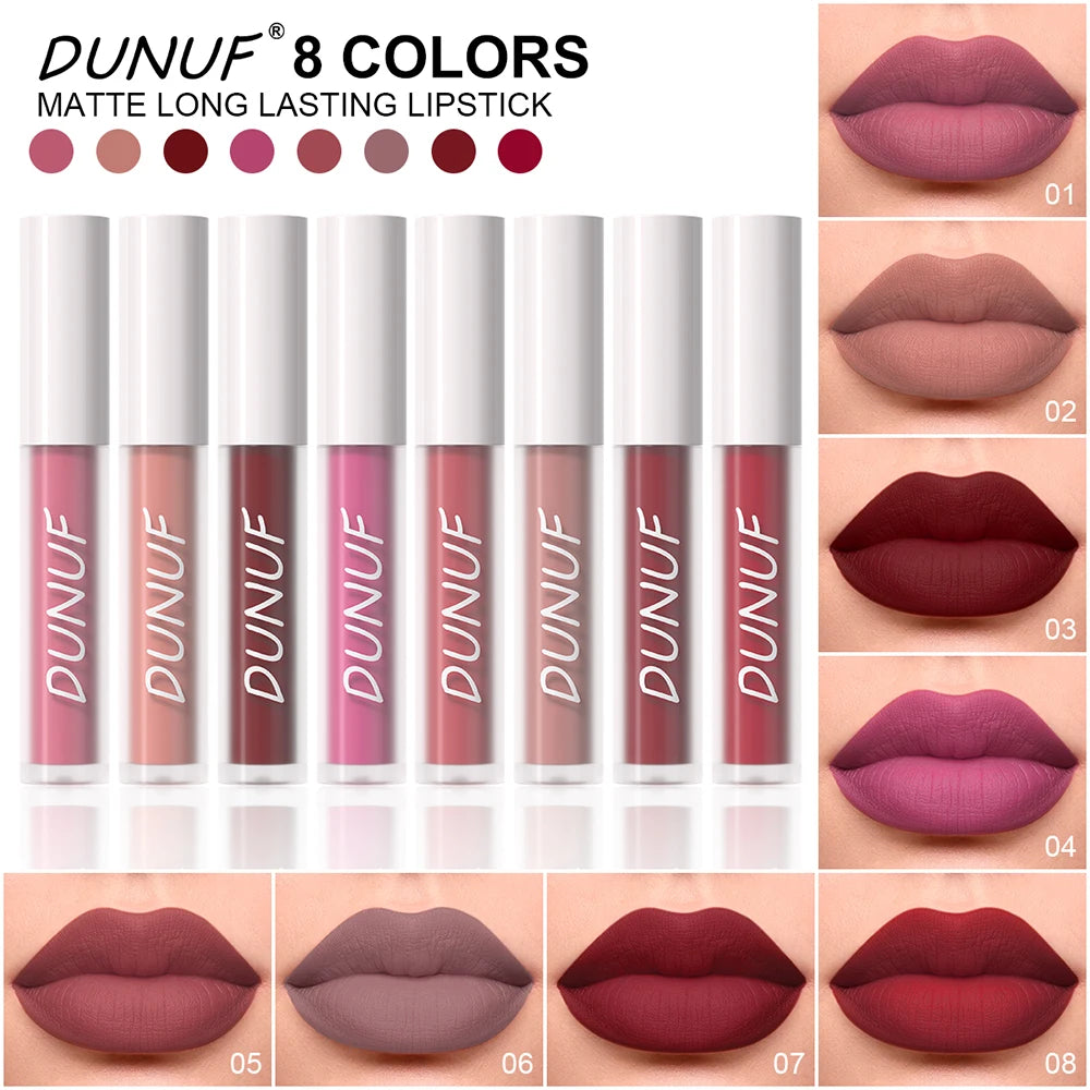 DUNUF 8Pcs Matte Liquid Lipstick Set - Long Lasting Waterproof Non-Stick Nude Red Tint Lip Glaze Kit Oasis Select
