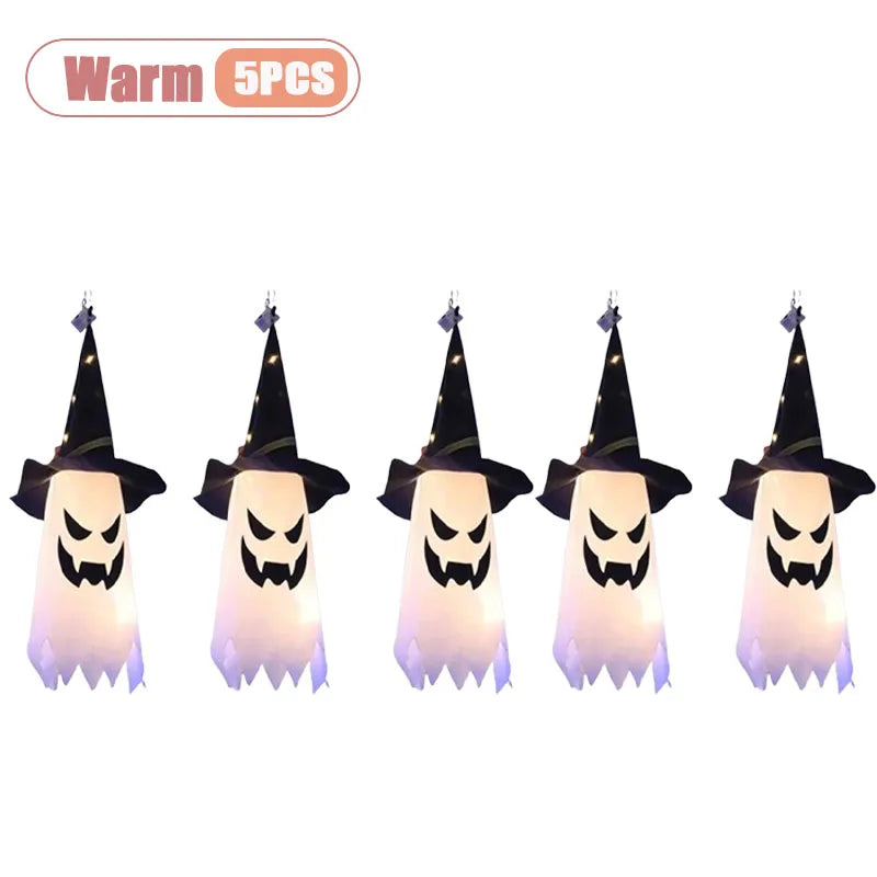 1-5PCS Halloween Wizard Hat Ghost Hanging Decoration Spooky Room Ambiance for Ghost Festival Party Scary Decor Flash Pendant Oasis Select Warm Light-5PCS Small