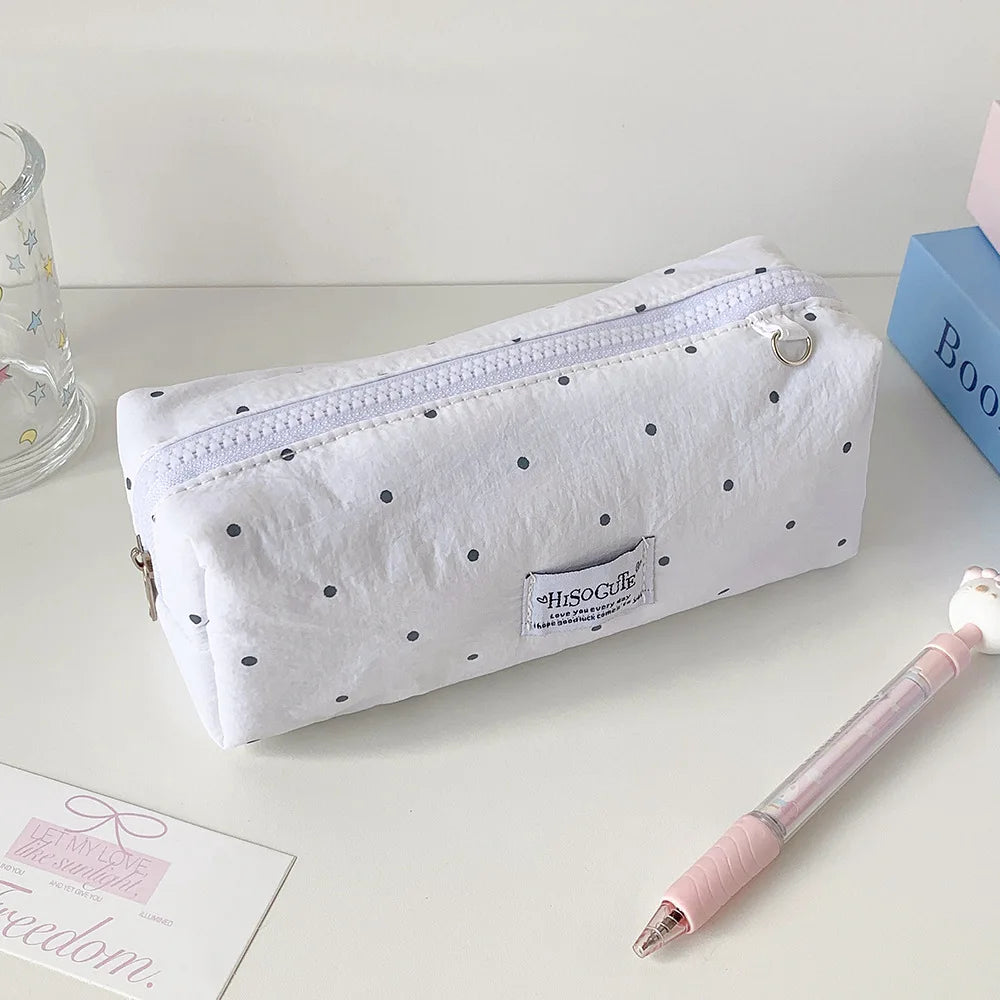 Fashion Korean Polka Dot Solid Color Pencil Case Student Stationery Large Capacity Storage Pen Bag Cute Girl Makeup Bag Gift Oasis Select White