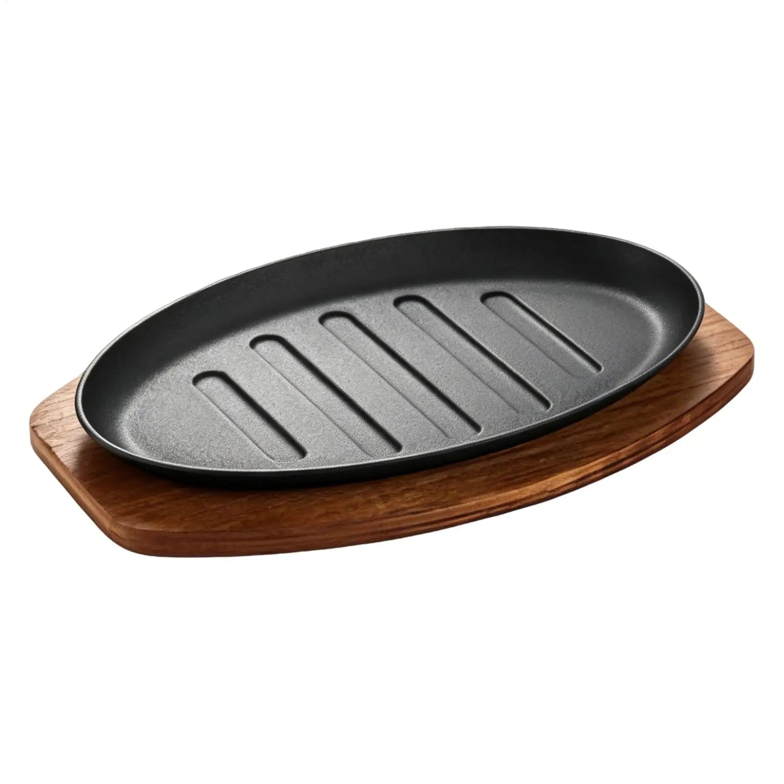 Cast Iron Oval Shape Restaurant Barbecue Plate Steak Sizzling Hot Pan Plate with Wooden Base Teppanyaki Grilled Fish Tray Oasis Select