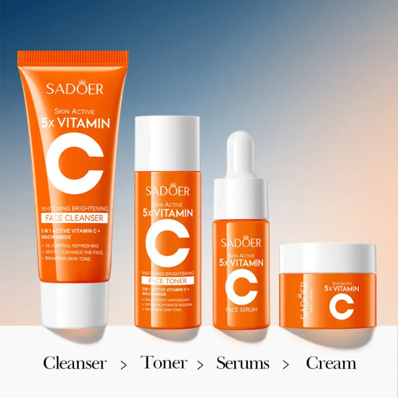 4pcs/box SADOER 5x Vitamin C Kit Whitening Moisturizing Travel Set(Facial Cleanser, Toner, Serum, Face Cream） Oasis Select
