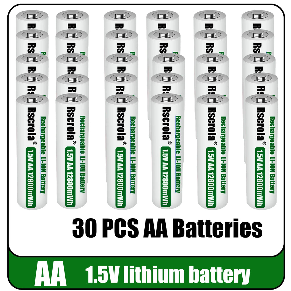Universal Rechargeable 1.5V AA 12800mWh Lithium ion Battery Fast charging with Charger for Camare Clock Mouse Fan Electric Toys Oasis Select 30 PCS Batteries