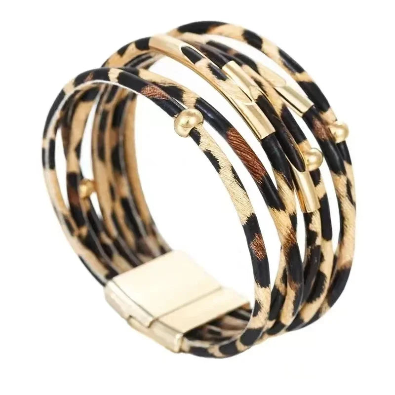 Vintage Metal Tube Leopard Leather Bracelet For Women Men Boho Multilayer Wrap Wide Bracelet Charm Jewelry Oasis Select