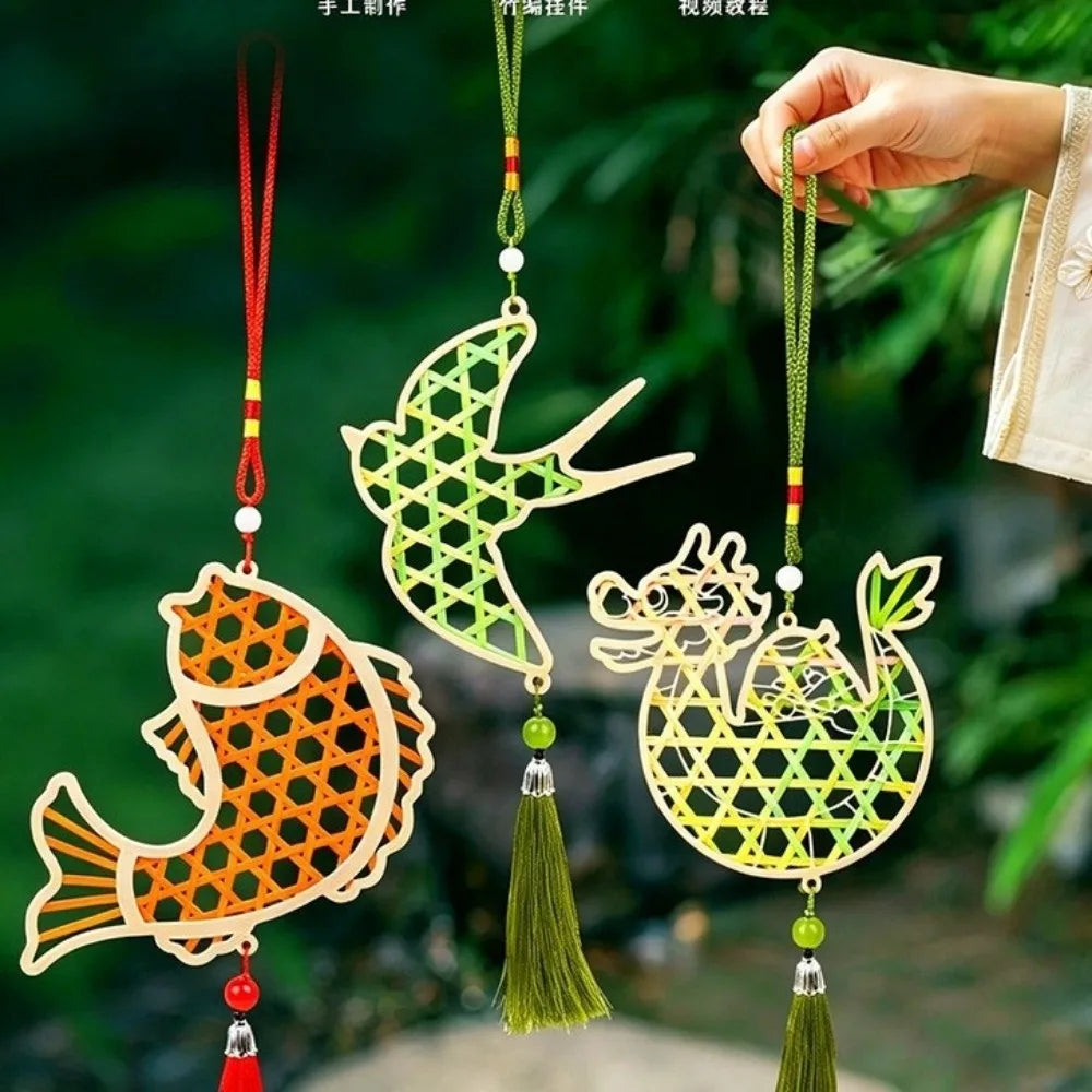 Handmade Bamboo Pendant Material Kit Cat Butterfly Zongzi Dragon Boat Festival DIY Kit Handicraft Tassel Hanging Ornaments Oasis Select