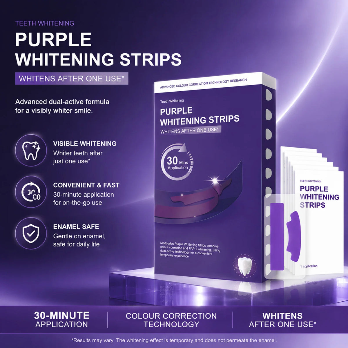 Purple Teeth Strips Color Correcting PAP Formula Gentle Brightening Dental Beauty Instant Glow Stain Removal Care Oasis Select