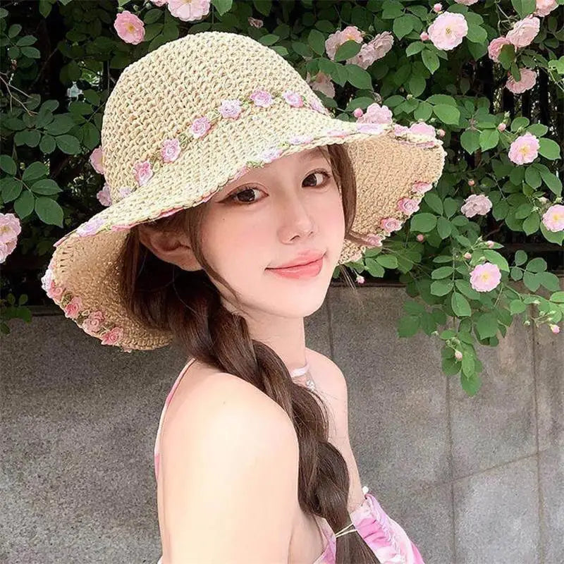 Foldable Summer Straw Sun Hat for Women UV Protection Wide Brim Lightweight Beach Garden Vacation Headwear Oasis Select A one size