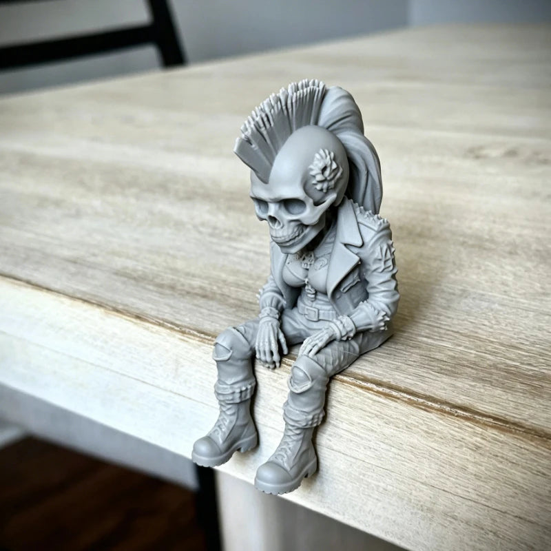 Rock Punk Skull Couple Figurine 3DPrinted Sitting Posture Edge Cool Skeleton Statue Gothic Desk Decor for Bookshelf Gaming Table Oasis Select B gray tall 10cm