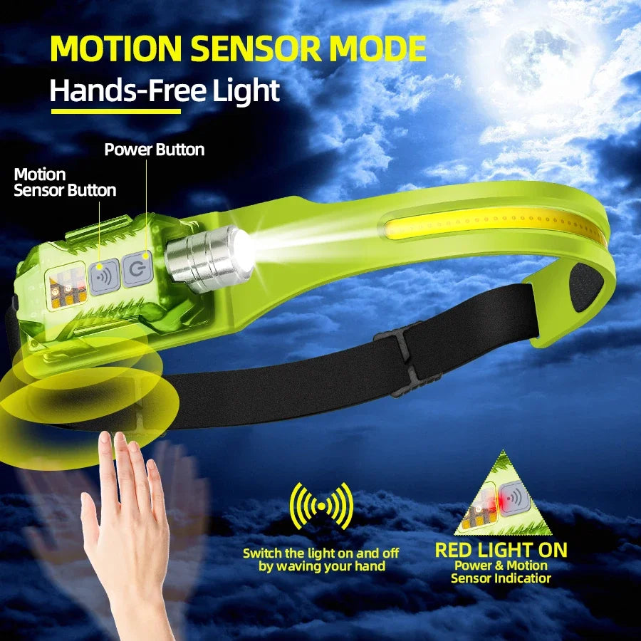 Induction COB LED Headlamp USB Rechargeable Headlight with 9 Lighting Modes Outdoor Camping Fishing Lantern Working Light Lamp Oasis Select