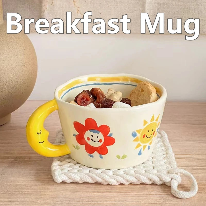 Ceramic Mug Lovely Hand Painted with Moon Handle Creative Breakfast Cup Kitchen Drinkware Milk Tea Coffee Mugs for Birthday Gift Oasis Select