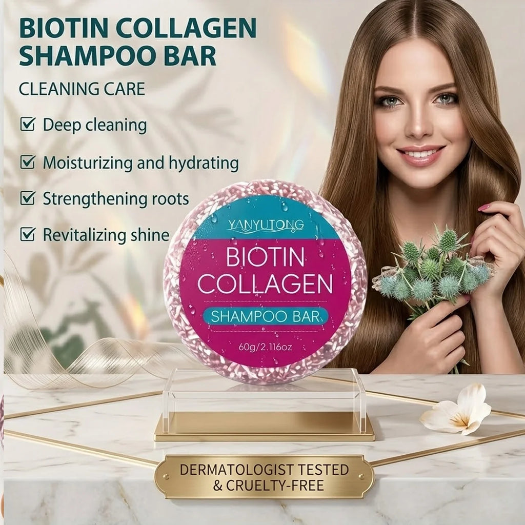 Biotin-enriched collagen shampoo bar provides hydration and nourishment, deeply nourishes the scalp, cleans gently, and protects Oasis Select 1PCS