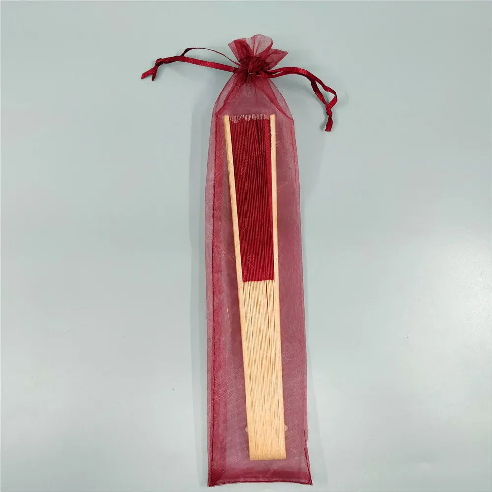 Hand Folding Fan with Organza Bag Bridal Shower Kids Christestening Favors Wholesale Bamboo Fabric Handheld Fans Oasis Select Wine Red