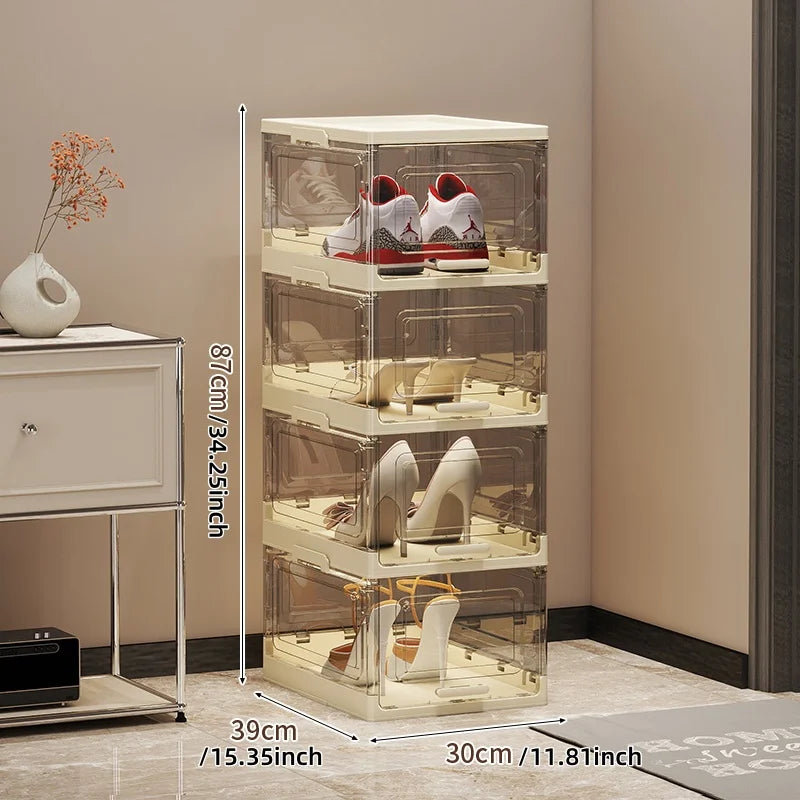 Foldable Shoe Box 1/2/4/6-Tier Clear View Dustproof Moistureproof Heavy-Duty Organizer for All Shoe Types Living Room/Hallway Oasis Select Gray-4 Layers