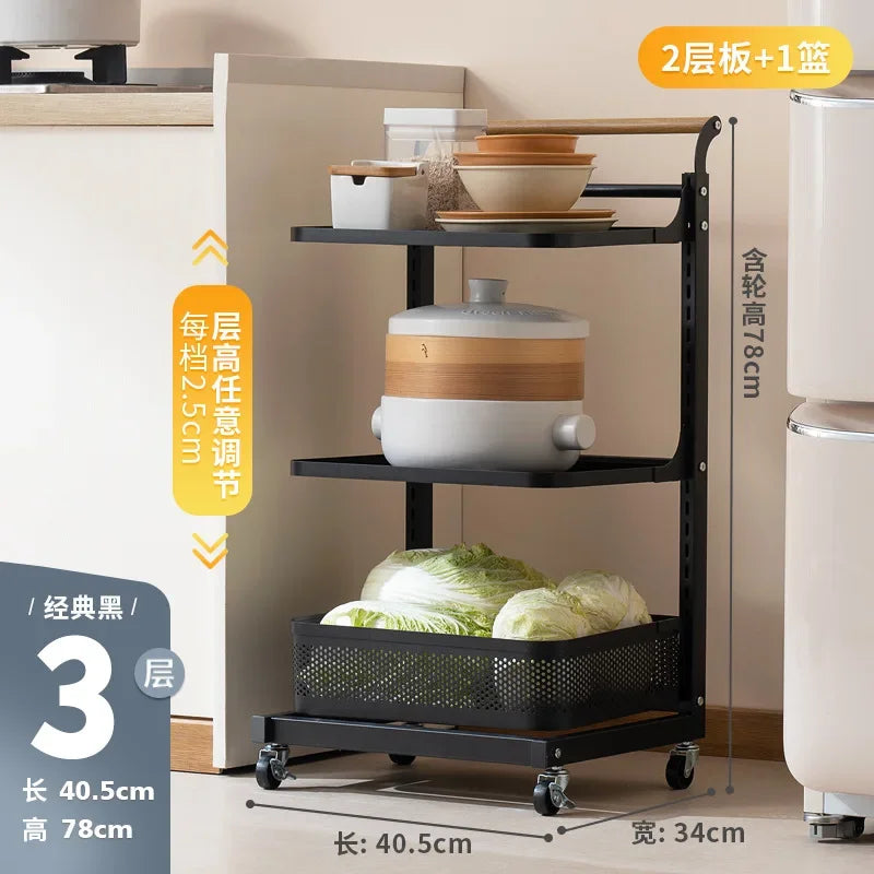 Kitchen rack Household floor-to-ceiling pot rack Multi-layer fruit and vegetable vegetable basket trolley storage rack Oasis Select Black Three-2
