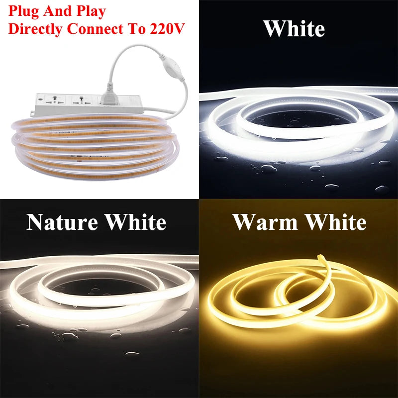 COB LED Light Strip AC 220V LED Strip Light IP67 Waterproof Outdoor LED Light Strip 0.5M-30M 360 LEDs/M Decor For Room With Plug Oasis Select