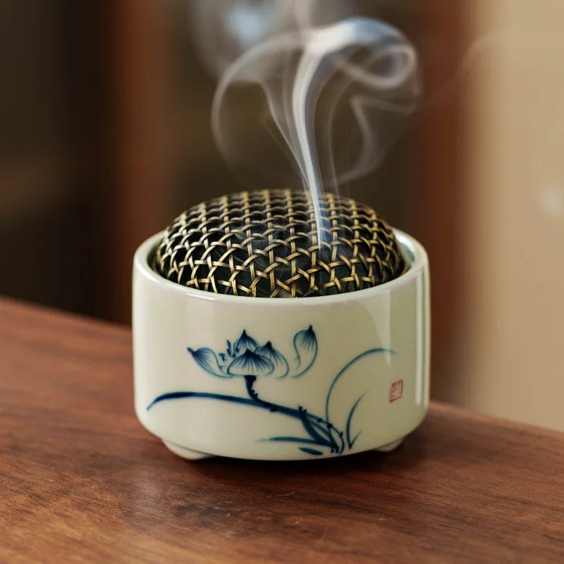 1pcs Retro Chinese Incense Burner Blue White Porcelain with Hand-painted Landscape Indoor Desktop Aroma Ornament for Home Use Oasis Select