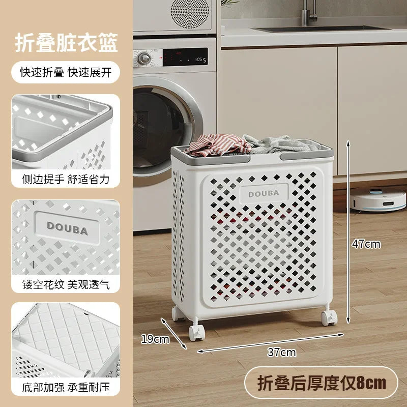 Multi-functional Toilet bathroom laundry basket folding dirty clothes storage basket with wheels removable laundry basket Oasis Select Small-White-B