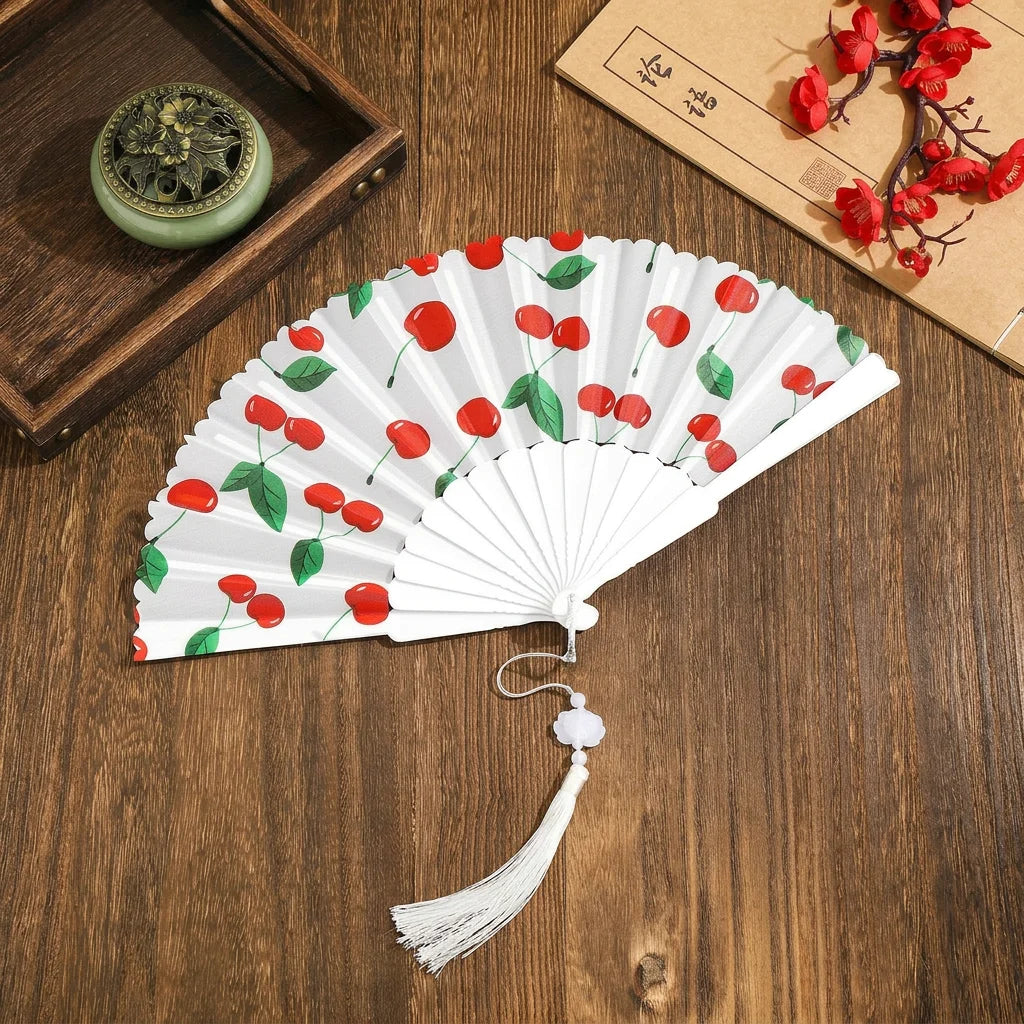 Portable Fruit Pattern Folding Hand Fan Plastic Frame Fabric Fan With Tassel Summer Cooling Fans Dance Performance Home Decor Oasis Select 1