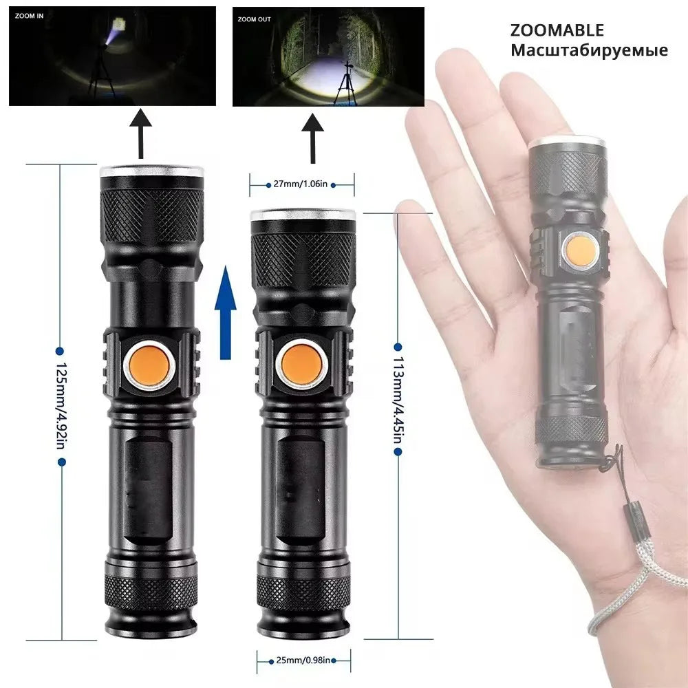 Powerful LED Flashlight With Tail USB Charging Head Zoomable waterproof Torch Portable light 3 Lighting modes Built-in battery Oasis Select