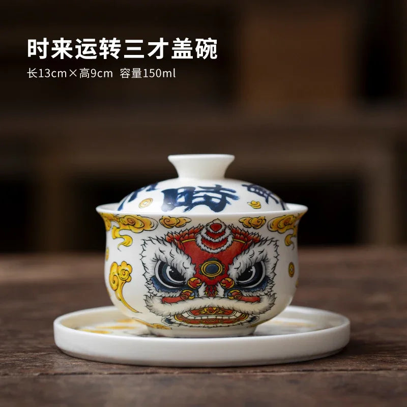 National Tide Lion Cloth Bag Hover Revolving Cover Bowl Teacup Single High-end Tea Bowl Ceramic Pot Bearing Kung Fu Tea Set Oasis Select Sancai