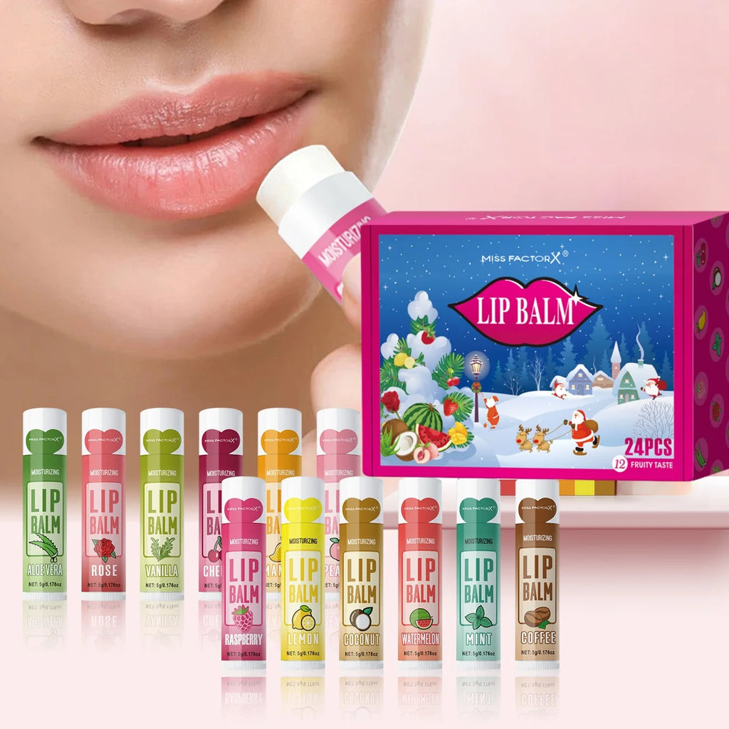 24PCS/ box 12 kinds of flower and fruit lip balm set Gift Natural fragrance moisturizing exfoliating and brightening lip color Oasis Select
