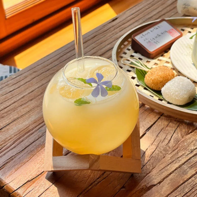 Creative Spherical Glass Cup with Wood Stand Straw Wine Cocktail Coffee Glass Cup Transparent Moon Ball Cold Drinking Juice Cups Oasis Select