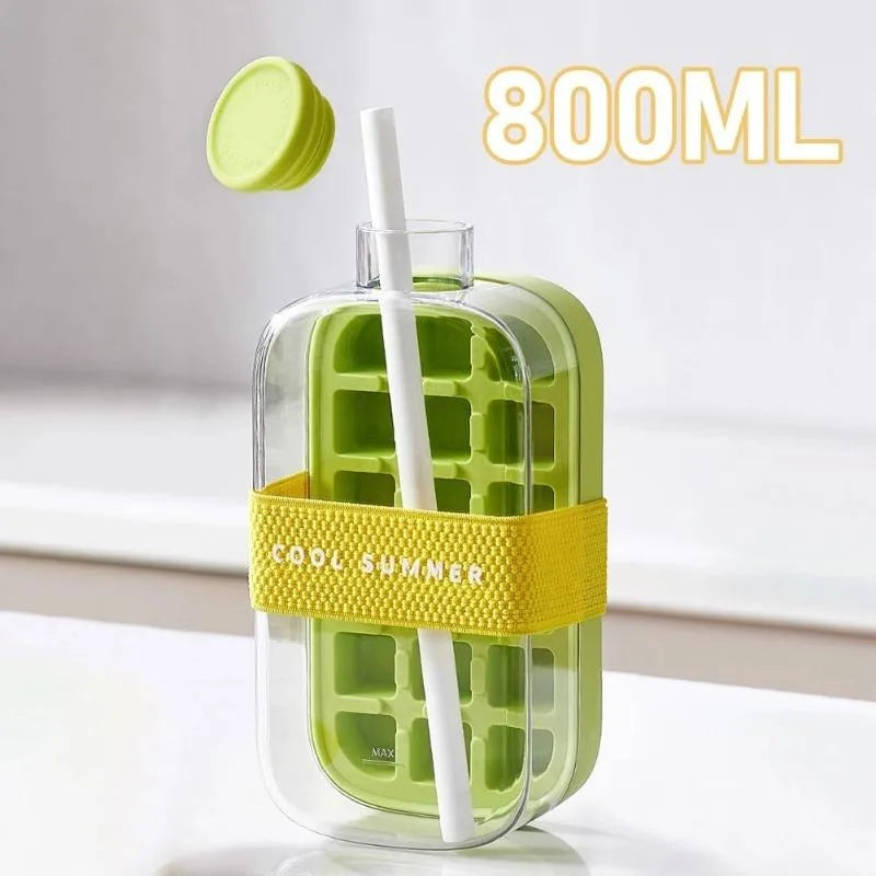 500/800ml 2in1 Ice Cube Tray with Water Bottle Press Type Portable Ice Maker High Capacity Ice Mold for Home Kitchen Summer Use Oasis Select Green-800ml