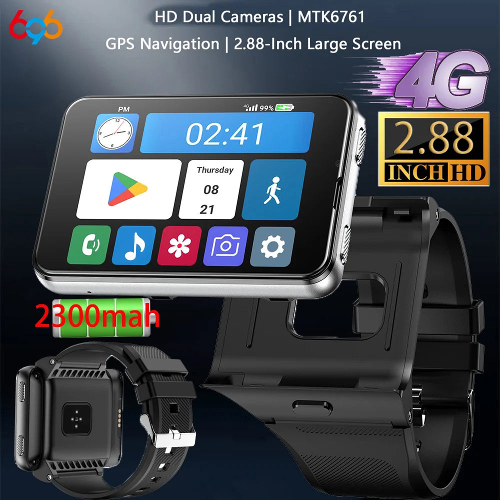 Smartwatch 2MP/8MP Dual Camera 4G Smart Watch Android 11 Men Women 2.88" 4GB RAM 64GB ROM 2300MAh Watches GPS WIFI Compass Gift Oasis Select