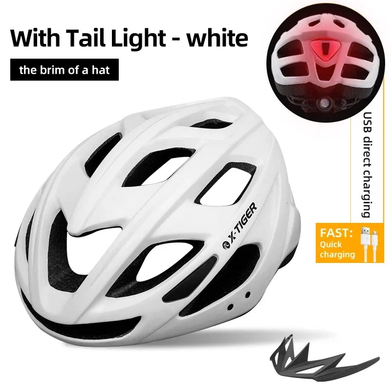 X-TIGER Cycling Helmet LED Tail Light Breathable One-piece Mountain Road Sports Bicycle Helmet Rechargeable with Brim Design Oasis Select White