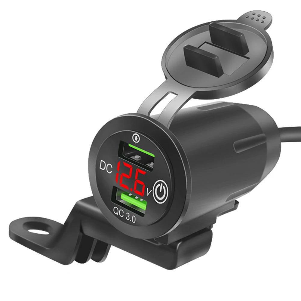 Dual QC 3.0 Waterproof Motorcycle USB Charger with Voltmeter