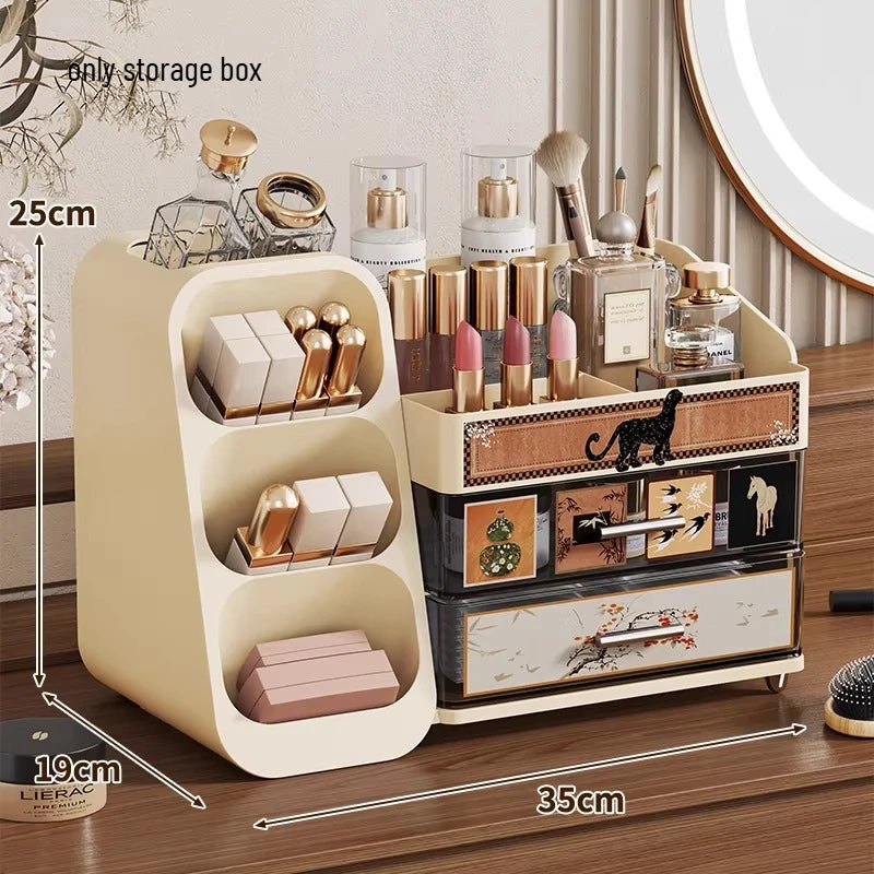 Dressing Table Storage Box Desktop Antique Style Cosmetics Dust-proof Drawer Style Organizing Box Lipstick Storage Rack Oasis Select Cream White