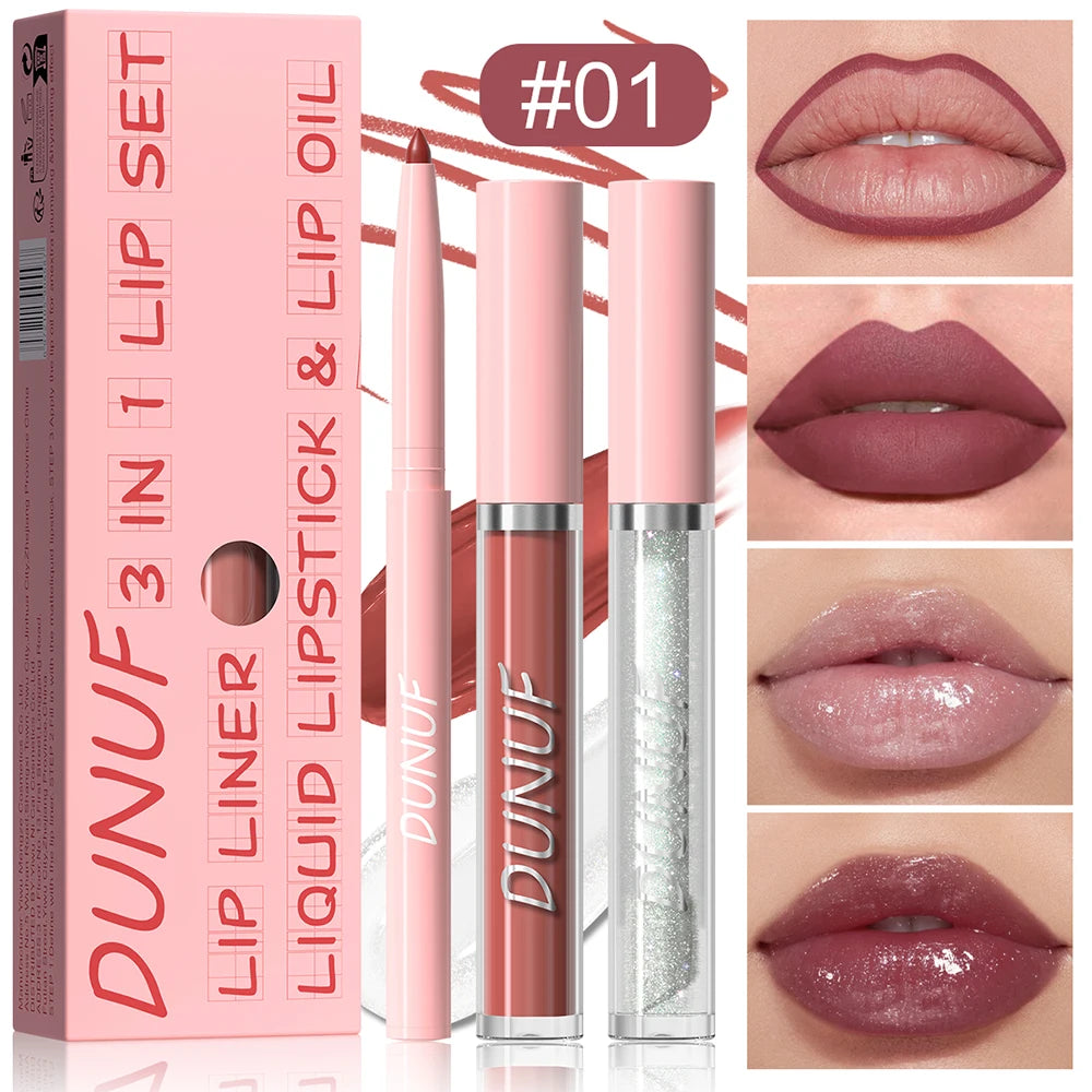 Lip Gloss Lip Liner Lip Oil 3pc/set: Matte Lipstick Waterproof Moisturizing Long Lasting Nude Y2K Christmas Valentine's Day Gift Oasis Select 01
