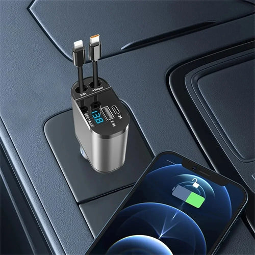 4 in 1 120W Car Charger Retractable Car Cigarette Lighter Adapter USB Type C Fast Charger Cable For IPhone Xiaomi Huawei Samsung Oasis Select