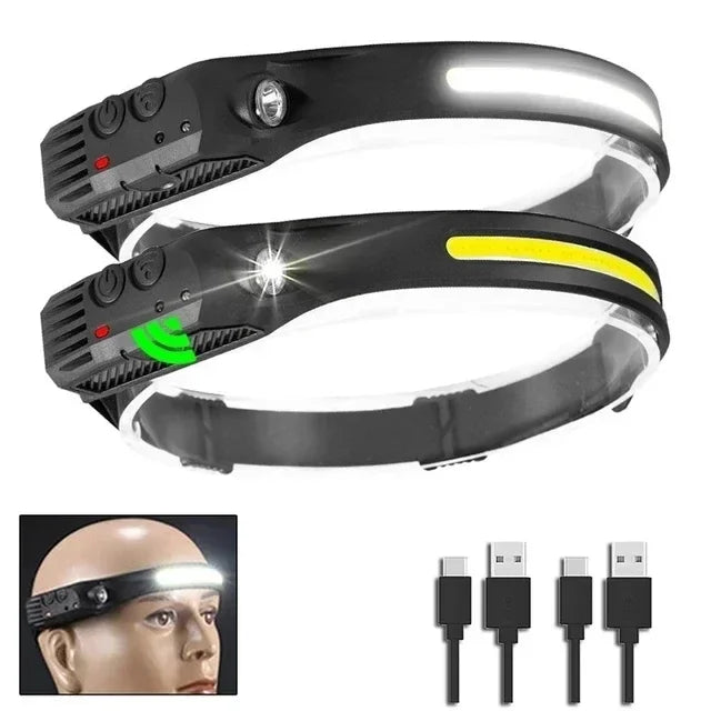 USB Rechargeable LED COB Sensor Headlamp White Light Head Torch Work Lamp Outdoor Waterproof Camping Fishing Lantern Headlight Oasis Select 2PCS