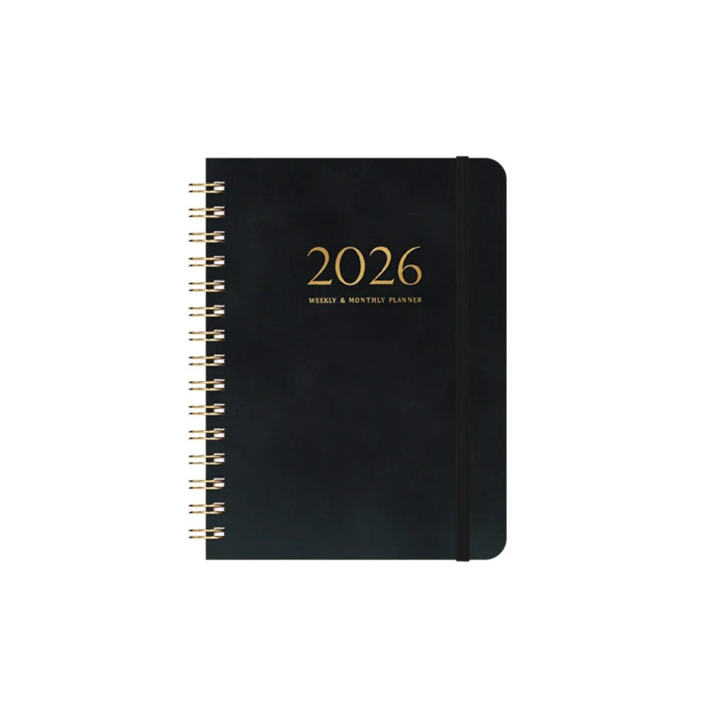 A5 2026 Weekly Monthly Planner PU Leather Cover Self-fill Coil Schedules Notebooks with Strap Calendar Daily Planner Notepad Oasis Select Black