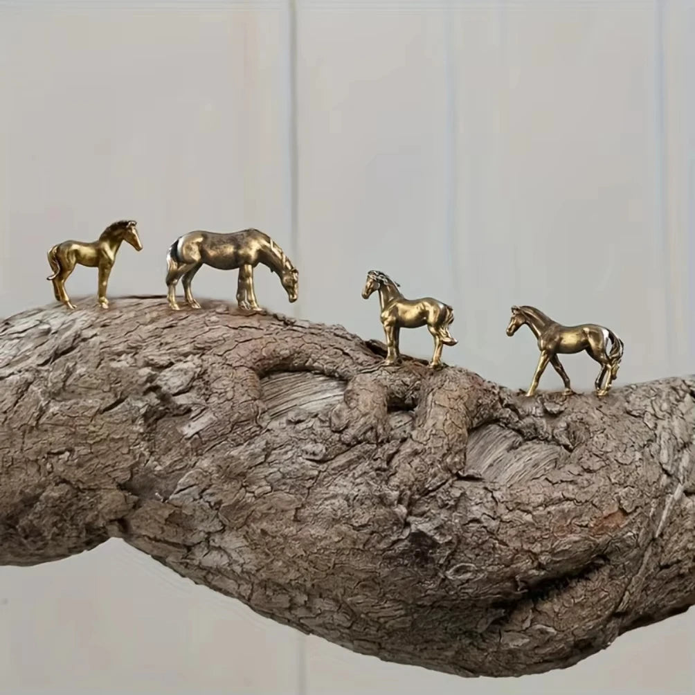 Miniature Antique Brass Long Tail Horse Figurines Feng Shui Ornament Copper Zodiac Animal Mini Desktop Crafts Home Decor gifts Oasis Select