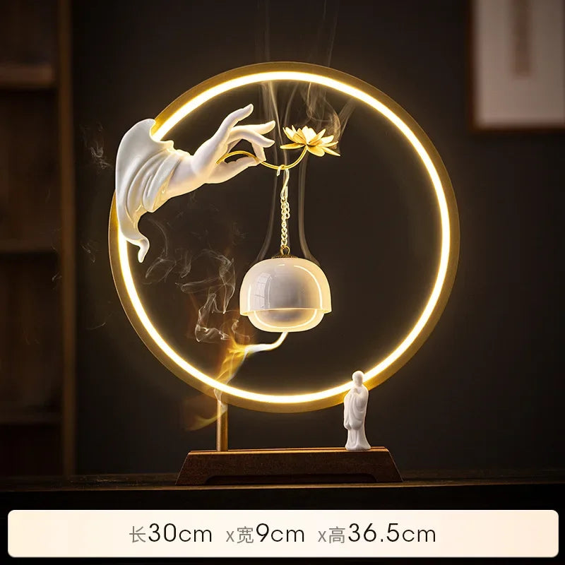 New Chinese Zen Buddha Hand Lotus Incense Decoration Creative Living Room Decorative Light Ring Reverse Flow Incense Burner Oasis Select White A