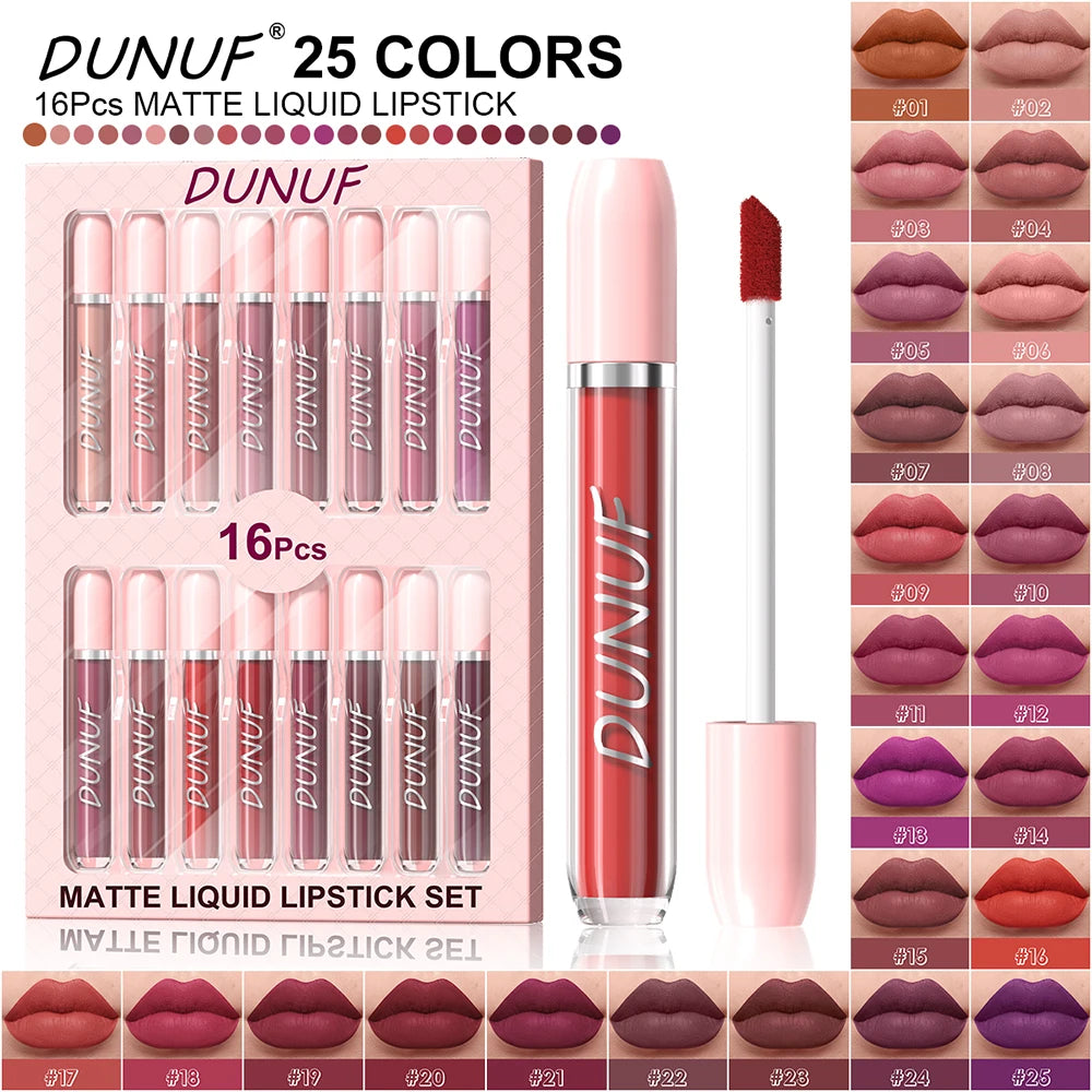 Matte Lip Gloss 16pc/set: Waterproof Lipstick Moisturizing Long Lasting Non-Stick Cup, Nude, Y2K Christmas Valentine's Day Gifts Oasis Select