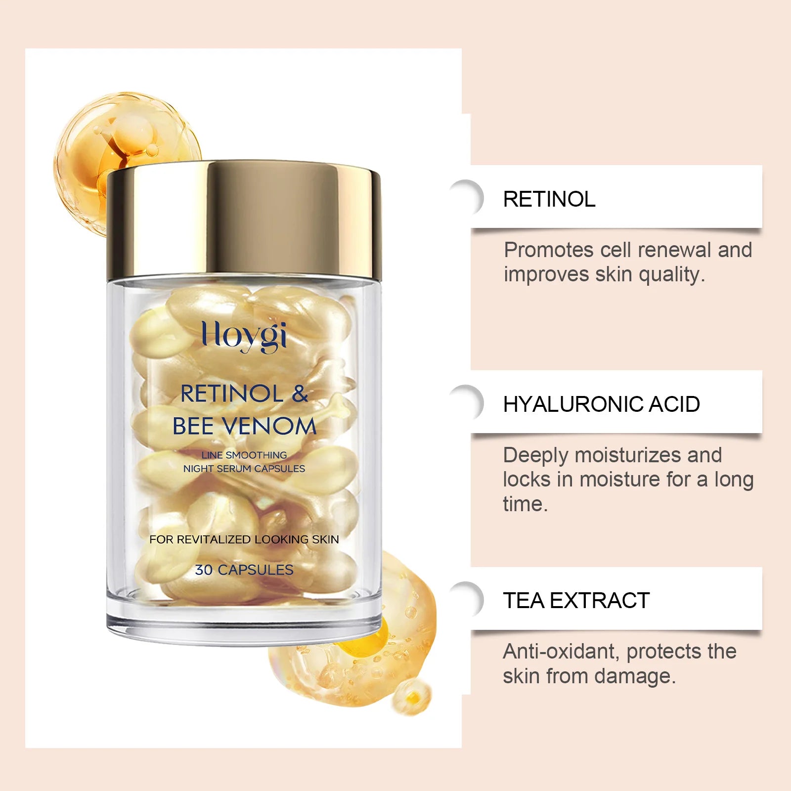 Retinol Bee Venom Facial Capsules Anti-Wrinkle Firming Smoothing Moisturizing Facial Skin Anti-Aging Night Serum for Face & Neck Oasis Select