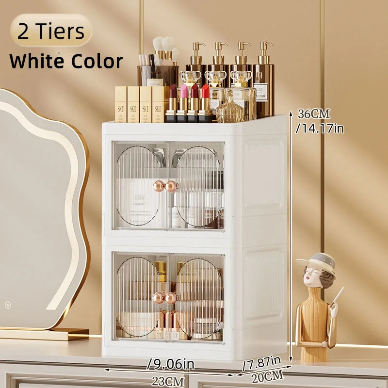 Foldable Desktop Makeup Organizer Multi-Layer Storage Cabinet Large Capacity for Cosmetics Toiletries Books Oasis Select 2 Layers White