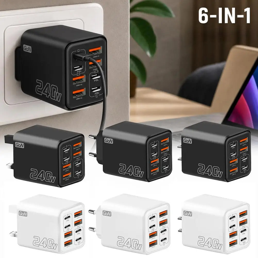 240W 8-Port GaN USB-C PD Wall Charger – Travel Adapter US EU UK
