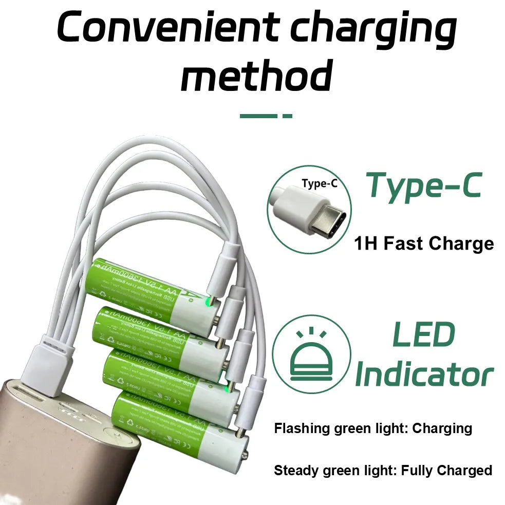 Rechargeable AA Battery13600mAh, 1.5V AA Li-ion Batteries with USB Type C Charging Cables, Long Life, Low Self-discharge Oasis Select