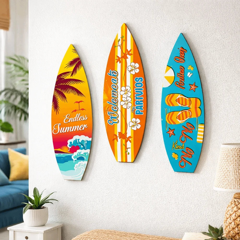 Summer Beach Themed Surfboard Wall Hanging Colorful Handcrafted Wooden Surfboard Sign Retro Surfboard Ornaments Outdoor Wall Art Oasis Select